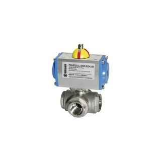 Edelstahl-Kugelhahn, pneumat. Stellantrieb doppeltwirk., T-Bohrung T2, Rp 1/2